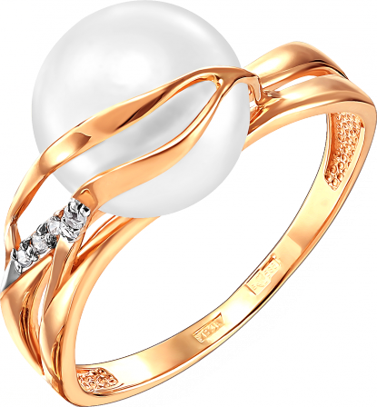 Кольцо с жемчугом и фианитами из красного золота (арт. 2170839)