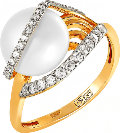 Кольцо с жемчугом и фианитами из красного золота (арт. 2170962)