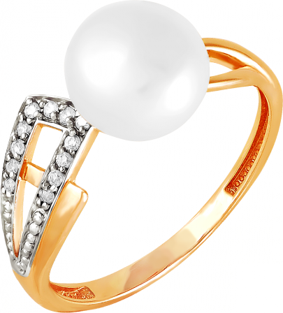 Кольцо с жемчугом и фианитами из красного золота (арт. 2171043)