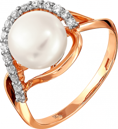 Кольцо с жемчугом и фианитами из красного золота (арт. 2171106)