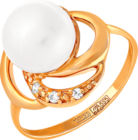 Кольцо с жемчугом и фианитами из красного золота (арт. 2171363)