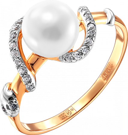 Кольцо с жемчугом и фианитами из красного золота (арт. 2171382)