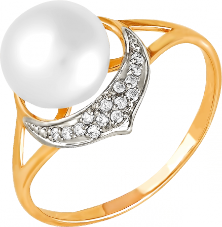 Кольцо с жемчугом и фианитами из красного золота (арт. 2171526)