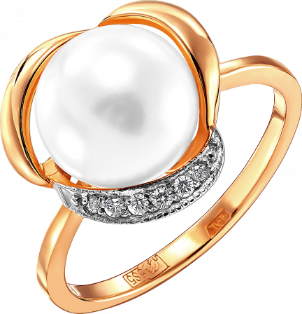Кольцо с жемчугом и фианитами из красного золота (арт. 2171597)
