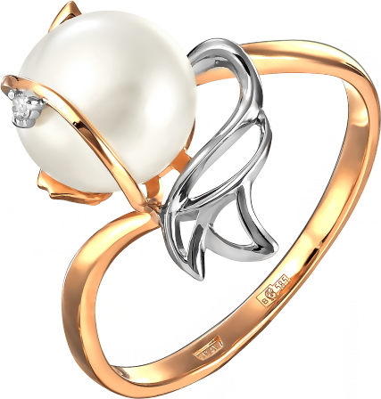 Кольцо Рыбка с жемчугом и фианитом из красного золота (арт. 2171659)