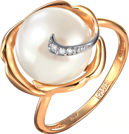 Кольцо с жемчугом и фианитами из красного золота (арт. 2171662)