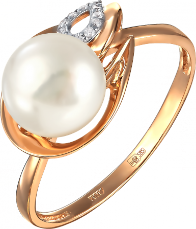 Кольцо с жемчугом и фианитами из красного золота (арт. 2171675)