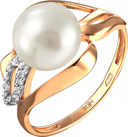 Кольцо с жемчугом и фианитами из красного золота (арт. 2171678)