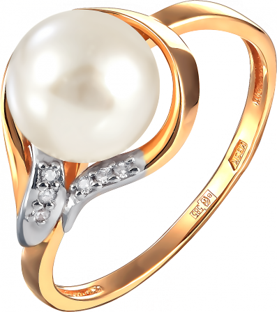 Кольцо с жемчугом и фианитами из красного золота (арт. 2171686)