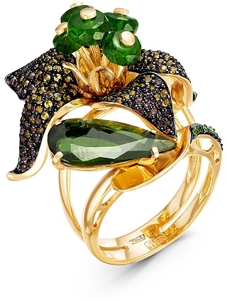 Кольцо с россыпью цветных и драгоценных камней из жёлтого золота (арт. 2260699)