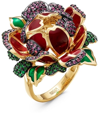 Кольцо Цветок с россыпью цветных и драгоценных камней из жёлтого золота (арт. 2260796)