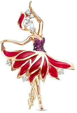 Брошь Балерина с россыпью цветных и драгоценных камней из красного золота (арт. 2260834)