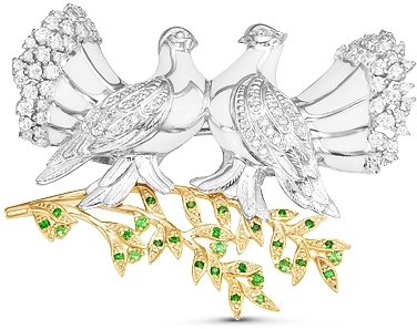 Брошь Голуби с бриллиантами, тсаворитами и эмалью из жёлтого золота (арт. 2260902)