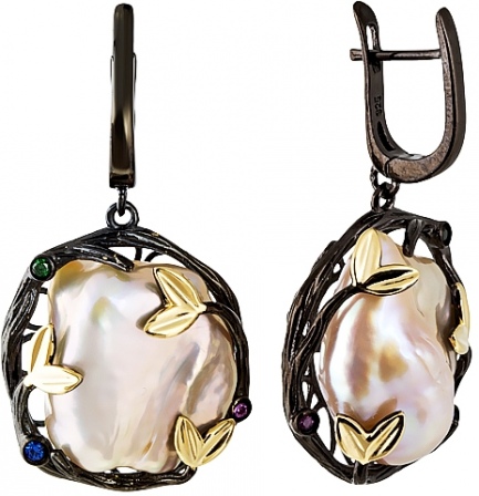 Серьги с россыпью цветных и драгоценных камней из серебра с позолотой (арт. 2392694)