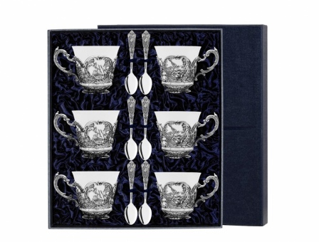 Набор чашек чайных "Королевская охота"+ ложки из серебра (12 предметов) (арт. 2400961)