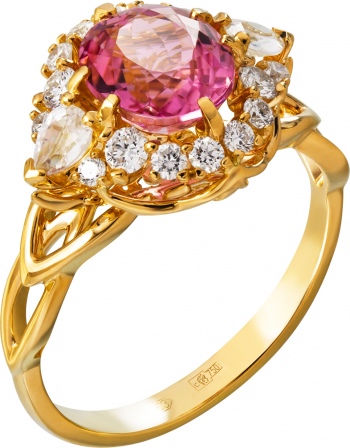 Кольцо с турмалином, бриллиантами и сапфирами из жёлтого золота 750 пробы (арт. 2480323)