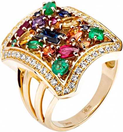 Кольцо с 46 бриллиантами, 2 изумрудами, 3 рубинами, 13 сапфирами из золота (арт. 300894)