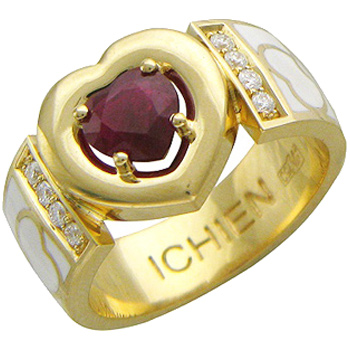 Кольцо Сердце с бриллиантами, рубином, эмалью из желтого золота 750 пробы (арт. 315667)