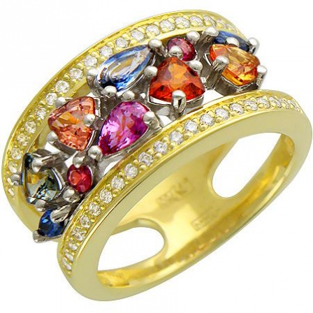 Кольцо с бриллиантами, изумрудами, сапфирами из комбинированного золота 750 (арт. 324239)