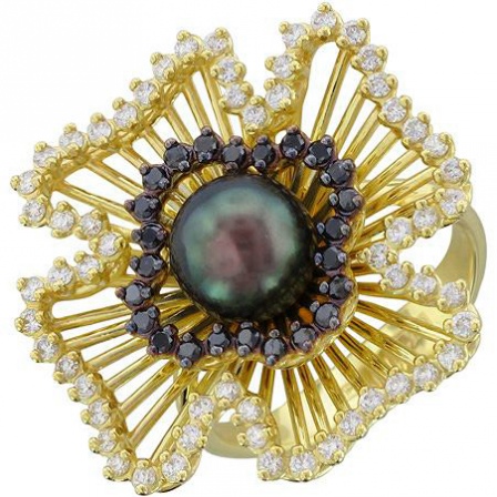 Кольцо с бриллиантами, жемчугом из желтого золота 750 пробы (арт. 324620)