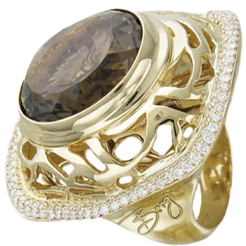 Кольцо с бриллиантами, раухтопазом из желтого золота 750 пробы (арт. 326659)