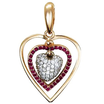 Подвеска Сердце с рубинами, фианитами из комбинированного золота (арт. 341984)