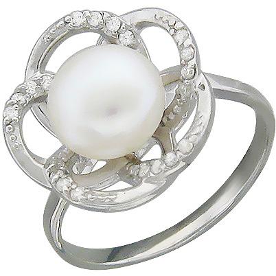 Кольцо Цветок с жемчугом, фианитами из серебра (арт. 349311)
