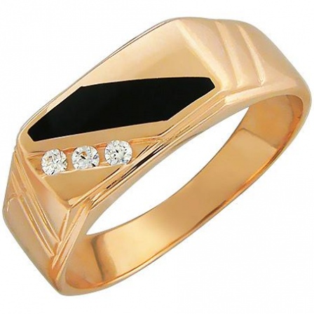 Кольцо с 1 ониксом, 3 фианитами из красного золота  (арт. 353465)