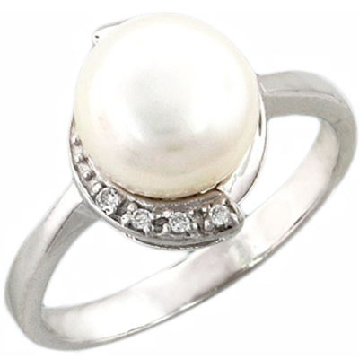 Кольцо с жемчугом, фианитами из серебра (арт. 383023)