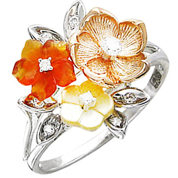 Кольцо Цветы с бриллиантом, агатом, перламутром из белого золота (арт. 422082)