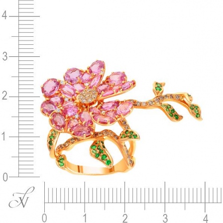 Кольцо Цветок с сапфирами, цаворитами и бриллиантами из красного золота (арт. 707765)