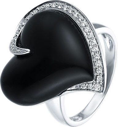Кольцо Сердце с бриллиантами, ониксом из белого золота (арт. 730466)