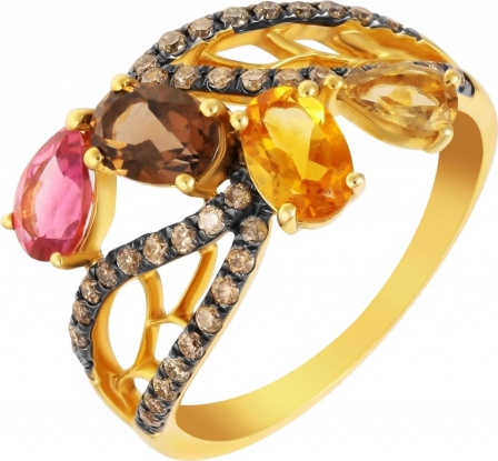 Кольцо с россыпью цветных и драгоценных камней из жёлтого золота (арт. 742149)