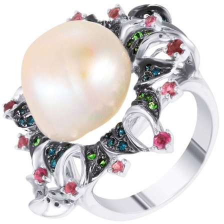 Кольцо с россыпью цветных и драгоценных камней из белого золота (арт. 757218)
