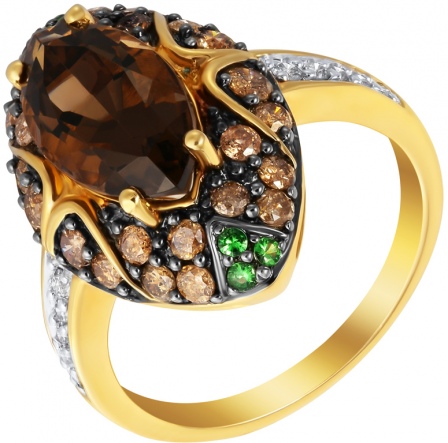 Кольцо с раухтопазом, бриллиантами и цаворитами из жёлтого золота (арт. 759983)