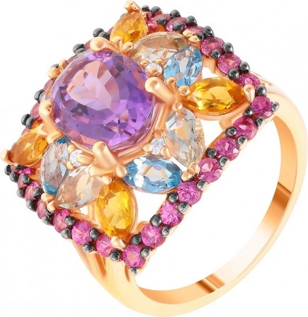 Кольцо с россыпью цветных и драгоценных камней из красного золота (арт. 760052)
