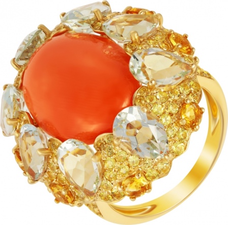 Кольцо с россыпью цветных и драгоценных камней из жёлтого золота (арт. 760545)