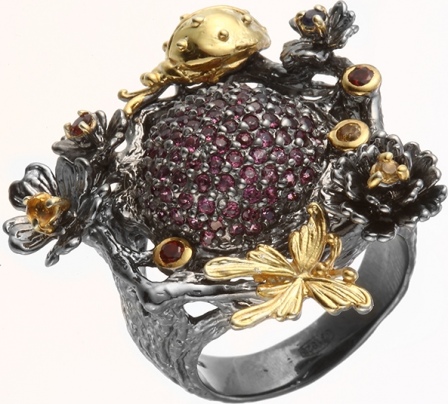 Кольцо с россыпью цветных и драгоценных камней из серебра (арт. 760903)