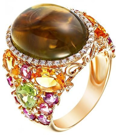 Кольцо с россыпью цветных и драгоценных камней из жёлтого золота (арт. 766307)
