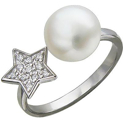 Кольцо безразмерное Звездас жемчугом, фианитами из серебра (арт. 820550)