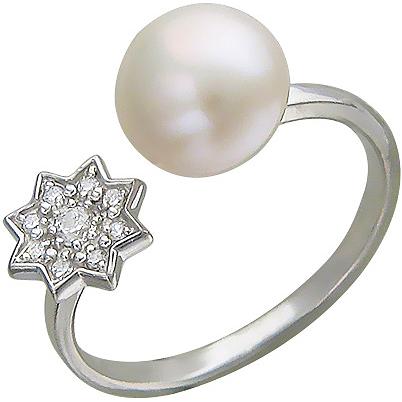 Кольцо безразмерное Звездас жемчугом, фианитами из серебра (арт. 820551)