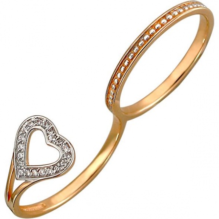 Кольцо на два пальца Сердце с фианитами из красного золота (арт. 823035)
