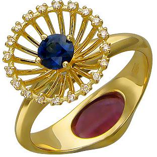 Кольцо с бриллиантами, рубином, сапфиром из желтого золота 750 пробы (арт. 823464)