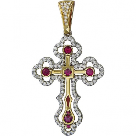 Крестик с бриллиантами, рубинами, вставкой из эмали из комбинированного 750 (арт. 827881)