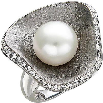Кольцо с жемчугом, фианитами из серебра (арт. 828056)