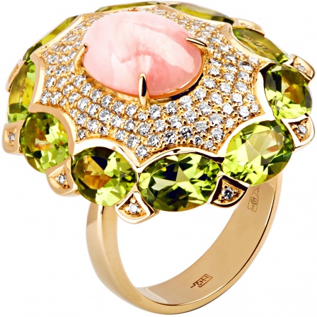 Кольцо с бриллиантами, опалом, хризолитами из желтого золота 750 пробы (арт. 833495)