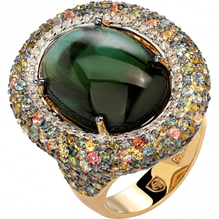 Кольцо с россыпью цветных и драгоценных камней из жёлтого золота 750 пробы (арт. 836360)