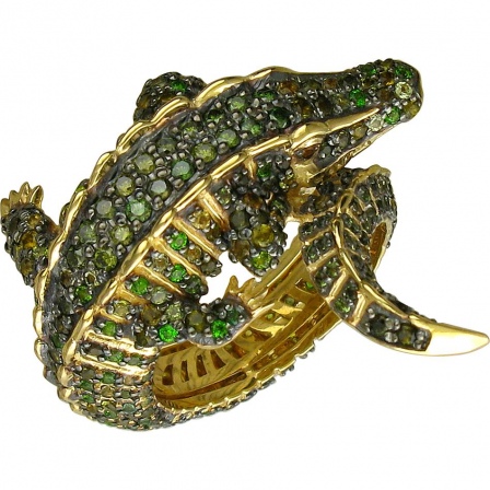 Кольцо Крокодил с россыпью цветных и драгоценных камней из жёлтого золота (арт. 836366)