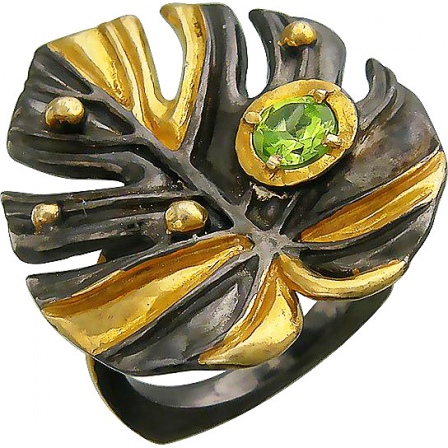 Кольцо Листик с хризолитами из чернёного серебра (арт. 846330)