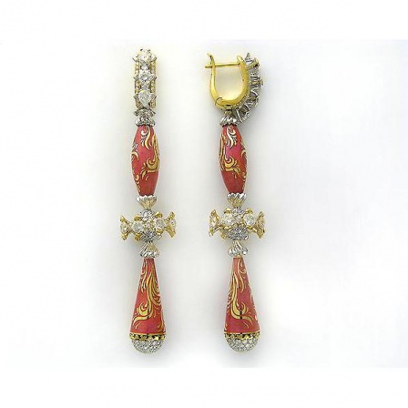 Серьги с бриллиантами и эмалью из комбинированного золота 750 пробы (арт. 854327)